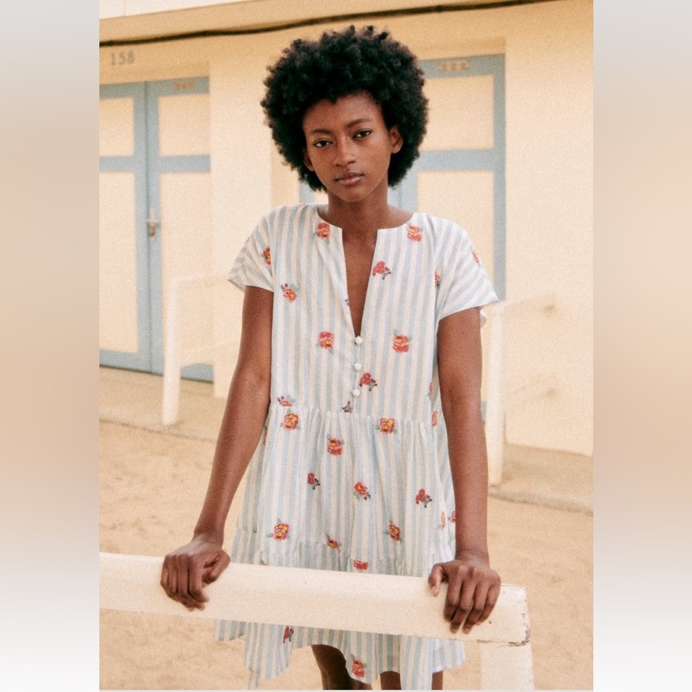 Sezane Saphir Dress in Embroidered Flowers on Blue Stripes Size 42